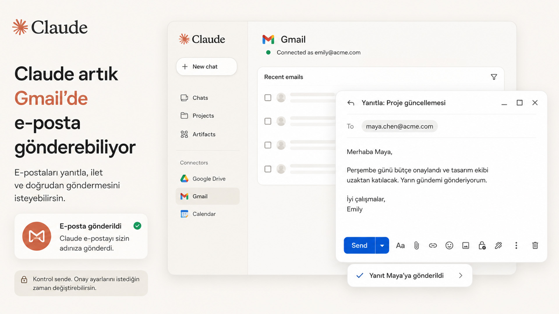 Claude’un Gmail entegrasyonuna e-posta gönderme özelliği geldi